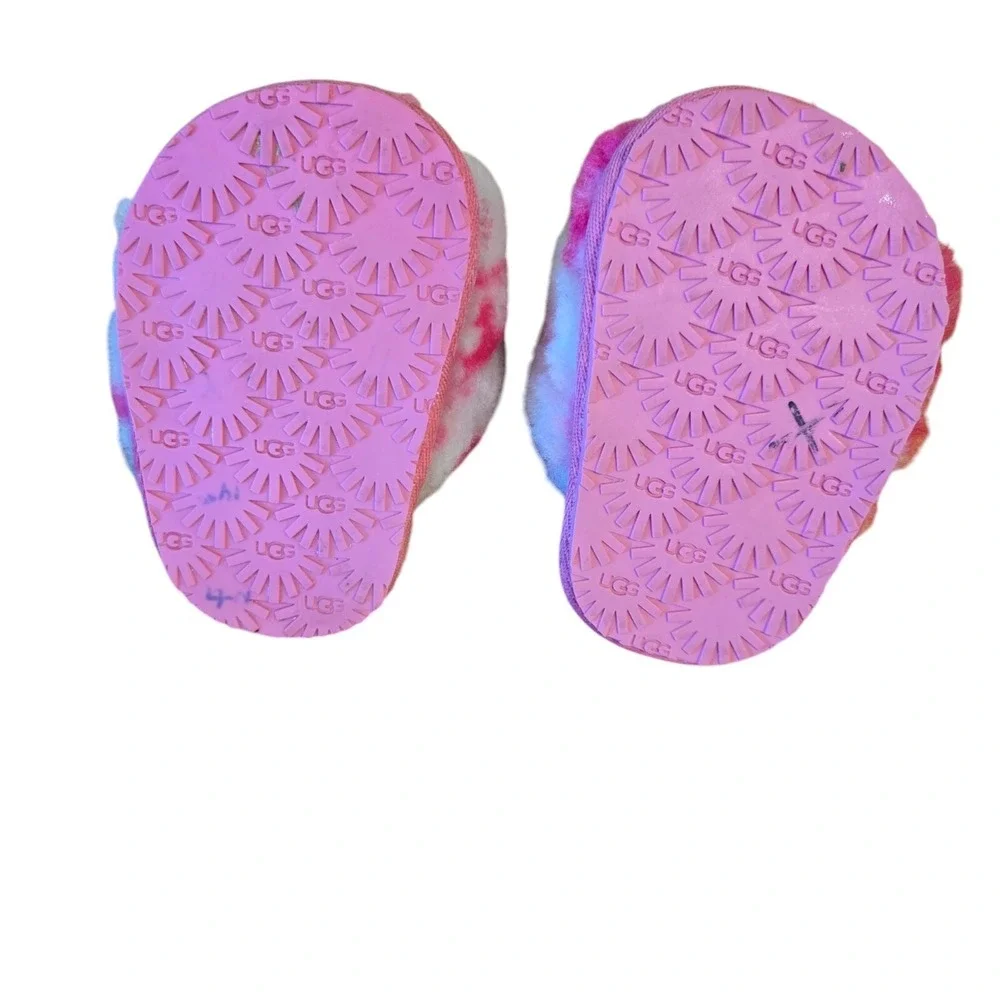 UGG Fluff Yeah Kids 2/3 Pink Tie Dye Fuzzy Fur Slingback Slides Sandals